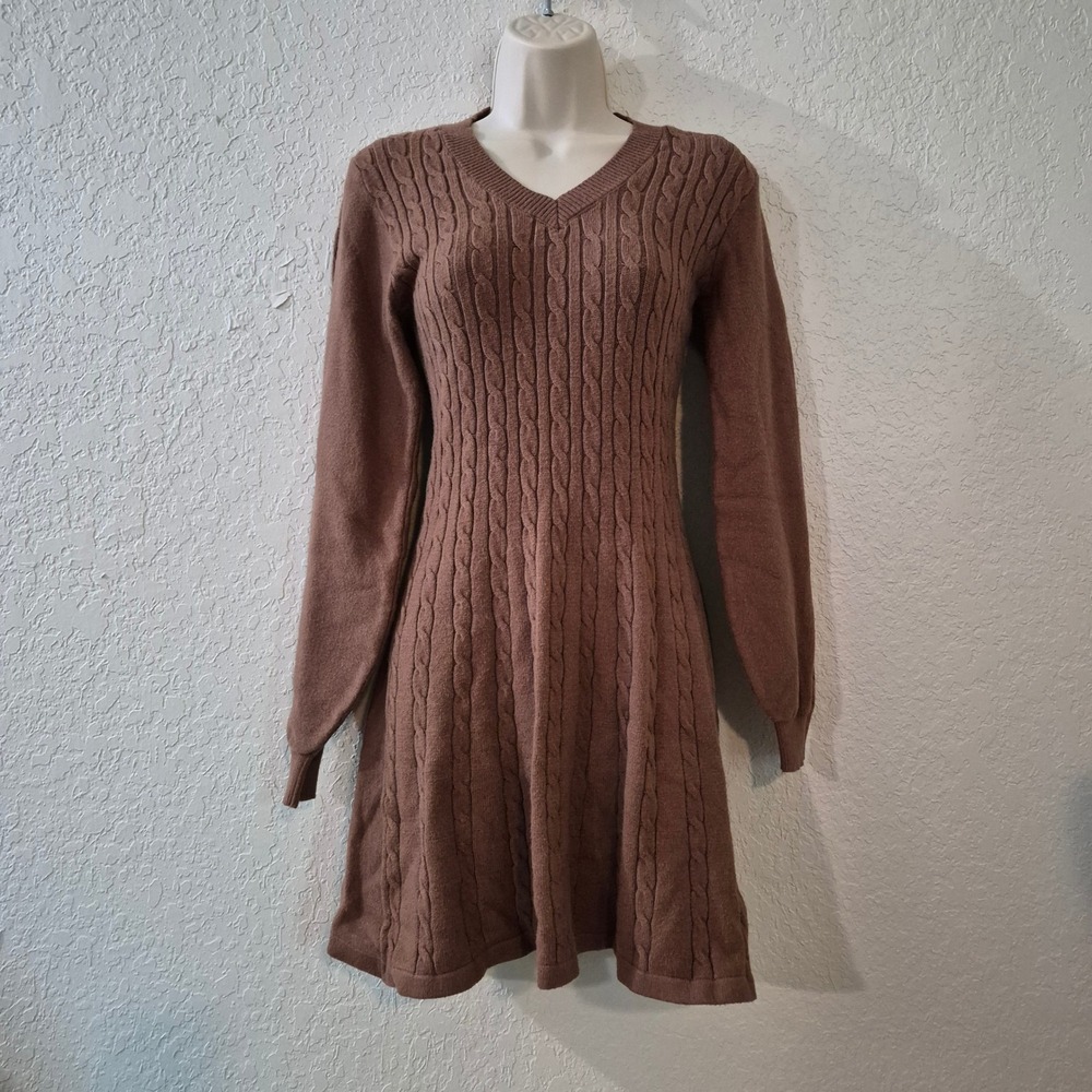 SHEIN Women's Small Brown Cable Knit V-Neck Sweater Dress Long Sleeve Mini